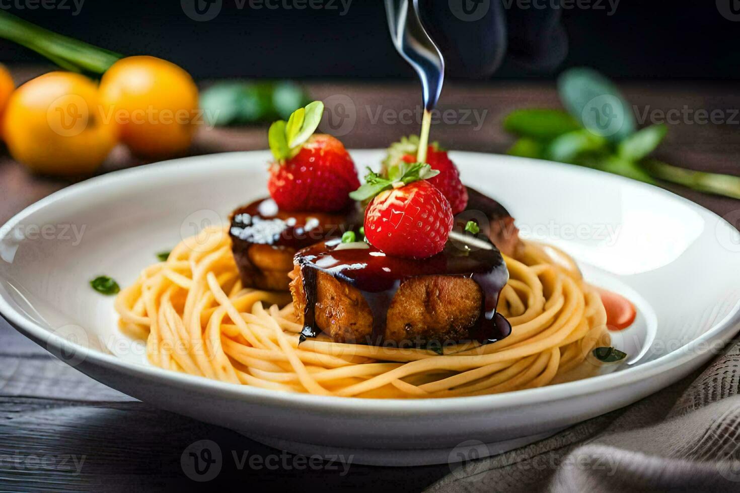 a plate of spaghetti with strawberries and sauce. AI-Generated photo