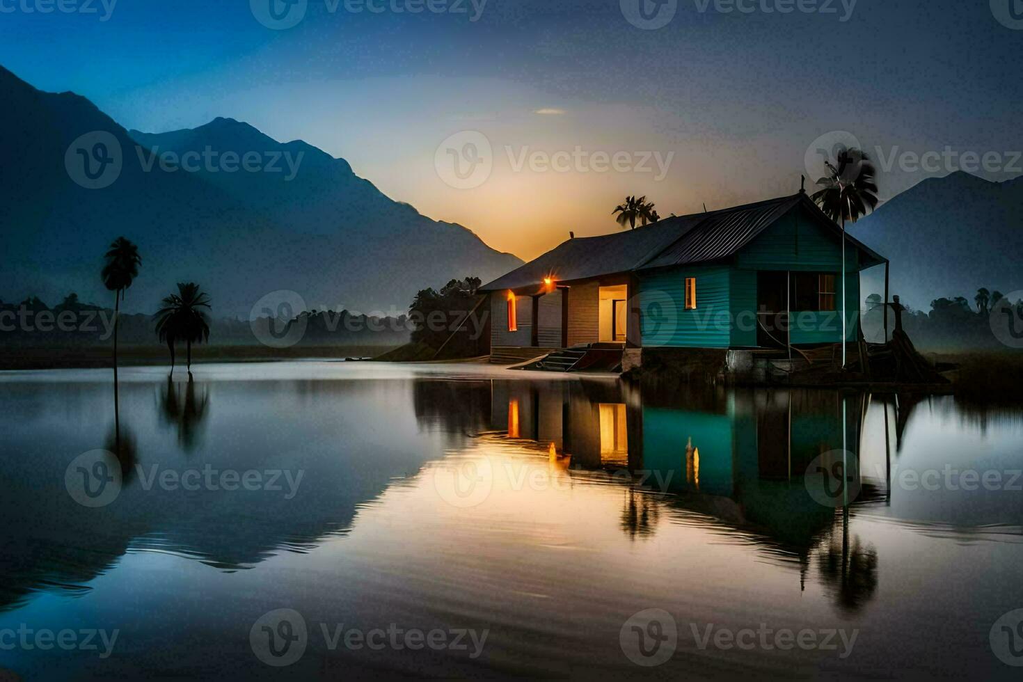 a blue house sits on the edge of a lake at sunset. AI-Generated photo