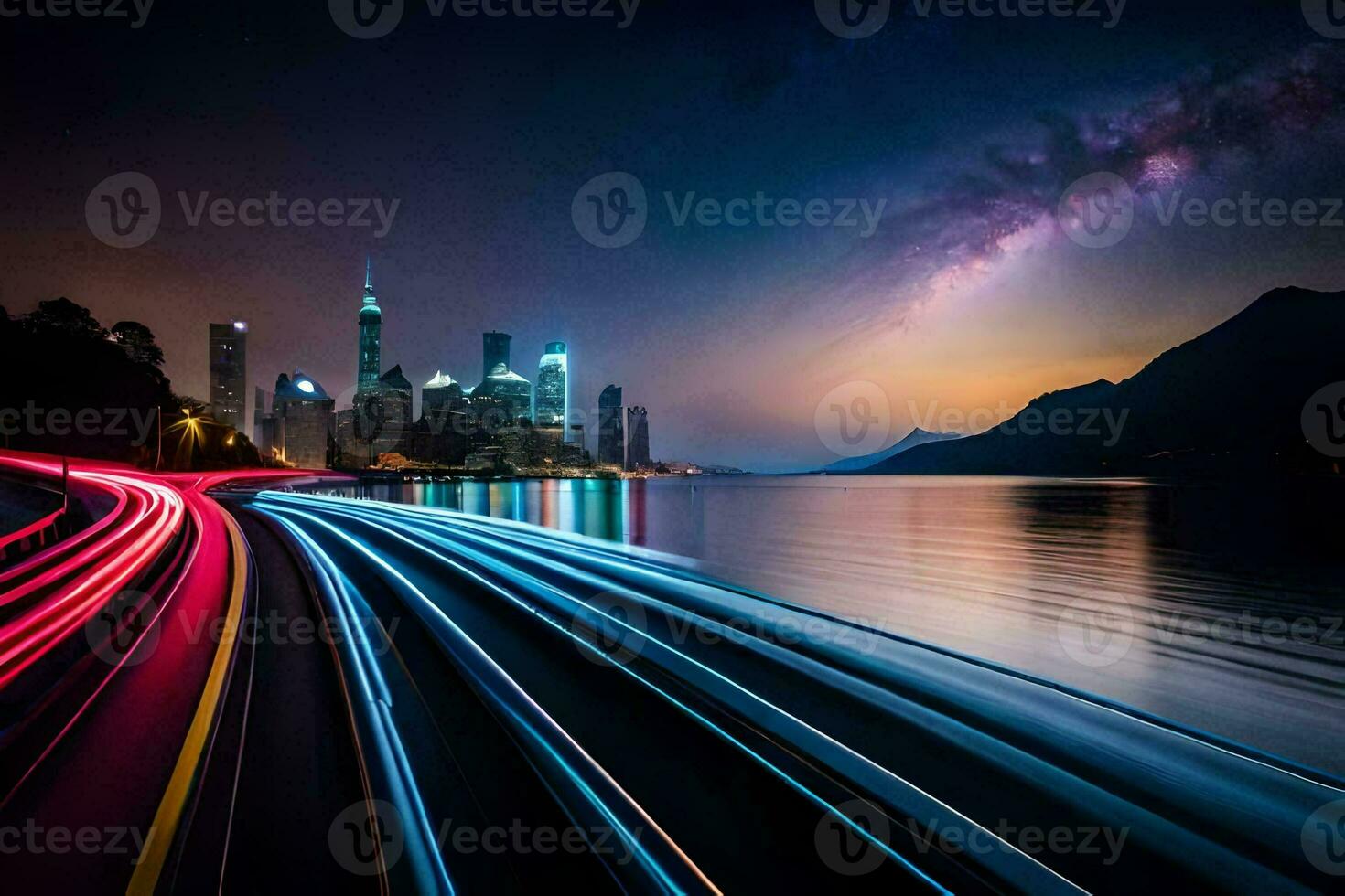 a long exposure photograph of a city at night with lights on the road. AI-Generated photo