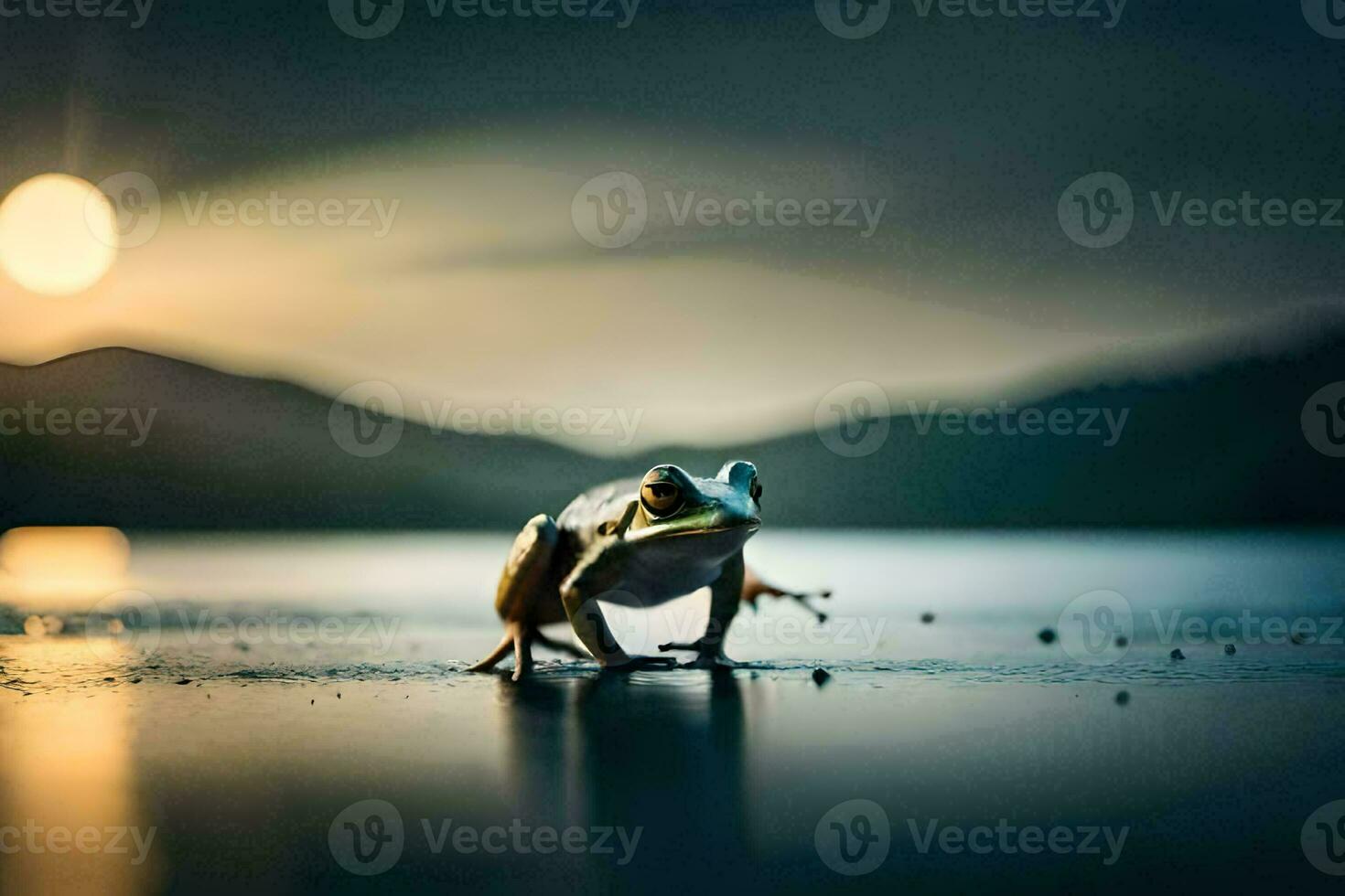 a frog sitting on the ground in front of a lake. AI-Generated photo
