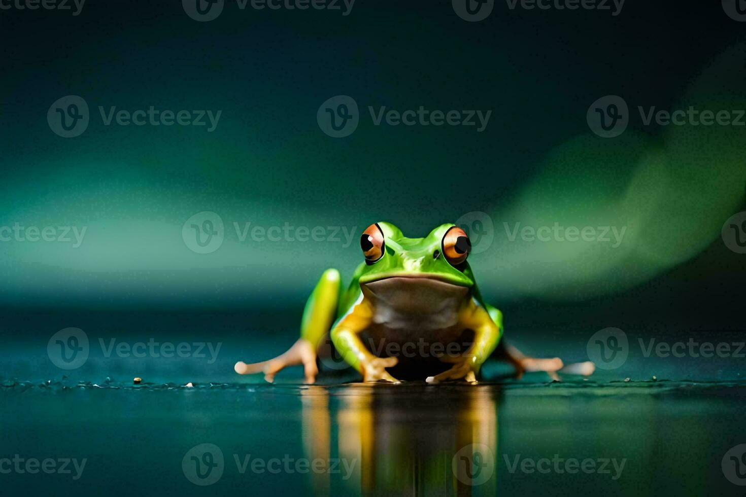 a frog sitting on the ground with a green background. AI-Generated photo