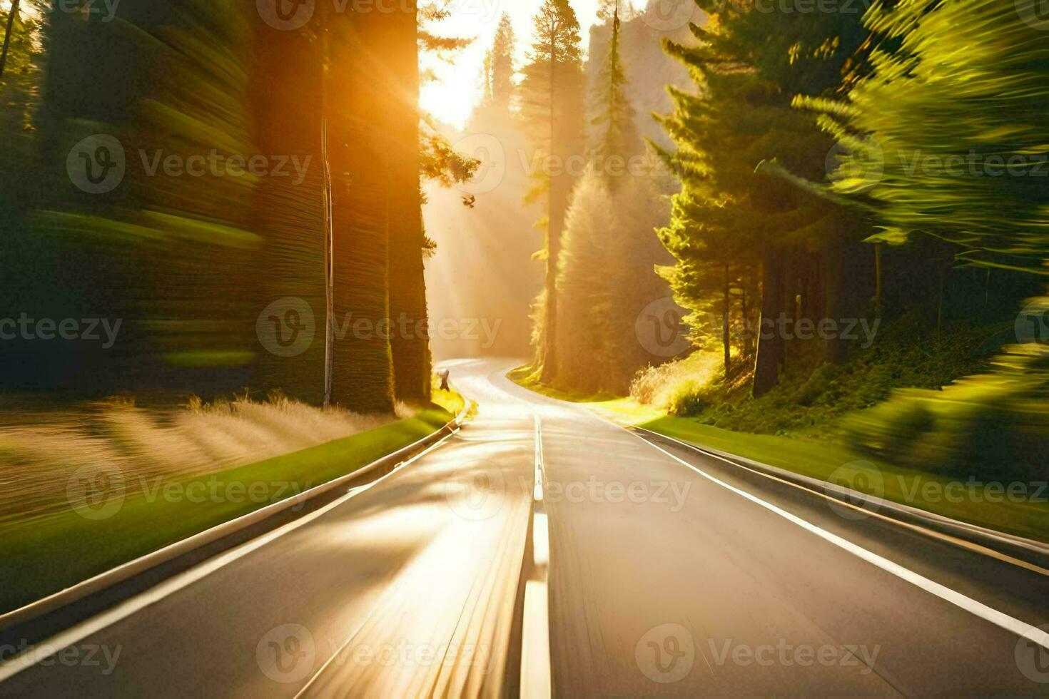 a road in the forest with trees and sun. AI-Generated photo