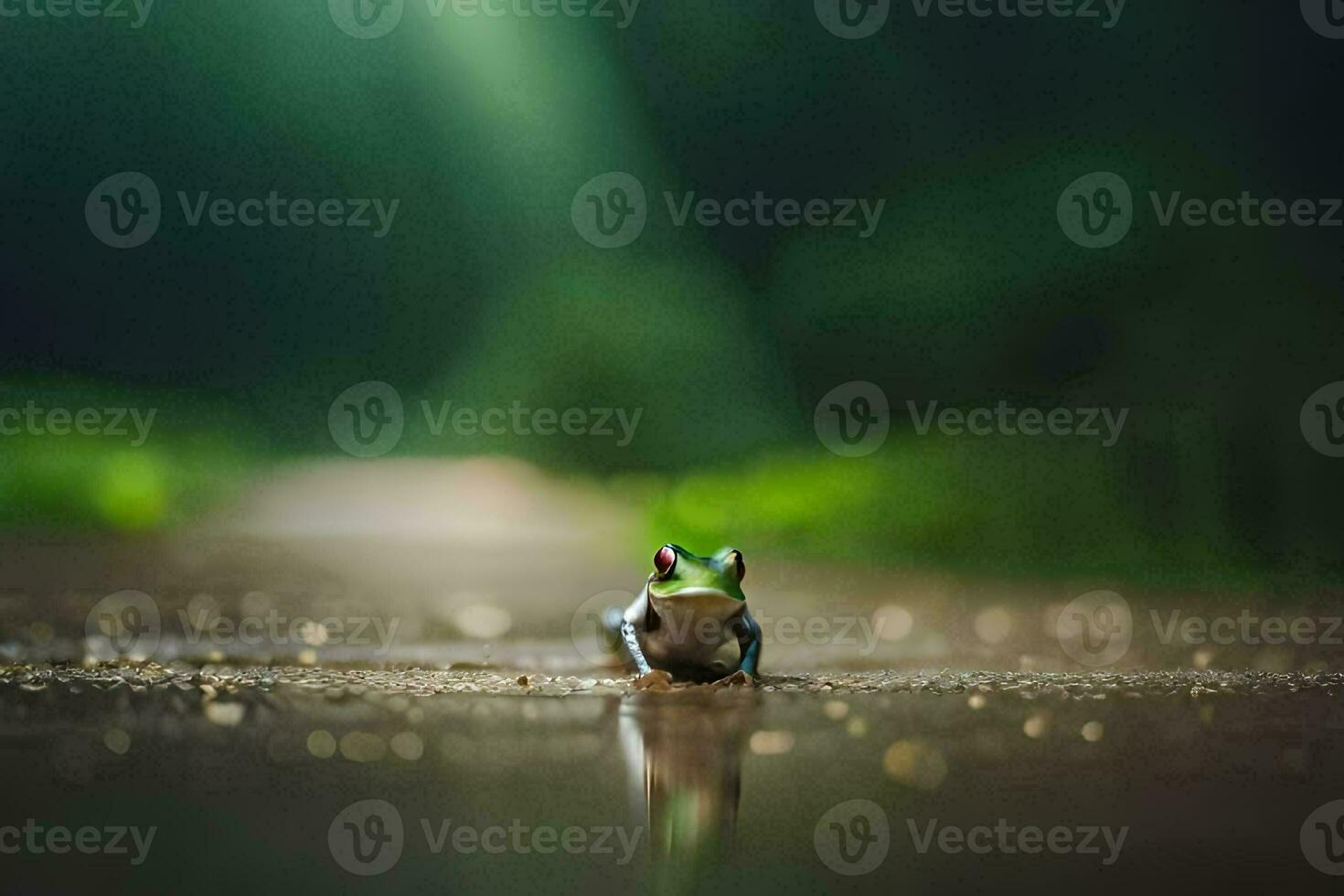 a frog sitting on the ground in the dark. AI-Generated photo
