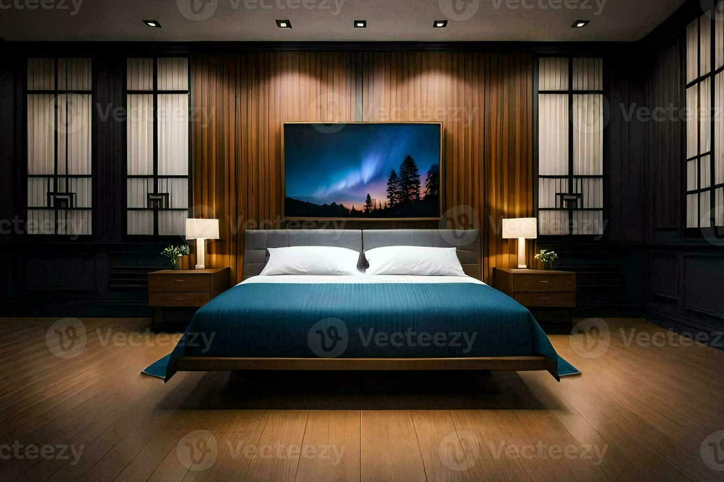 a bedroom with a large bed and wooden paneling. AI-Generated photo