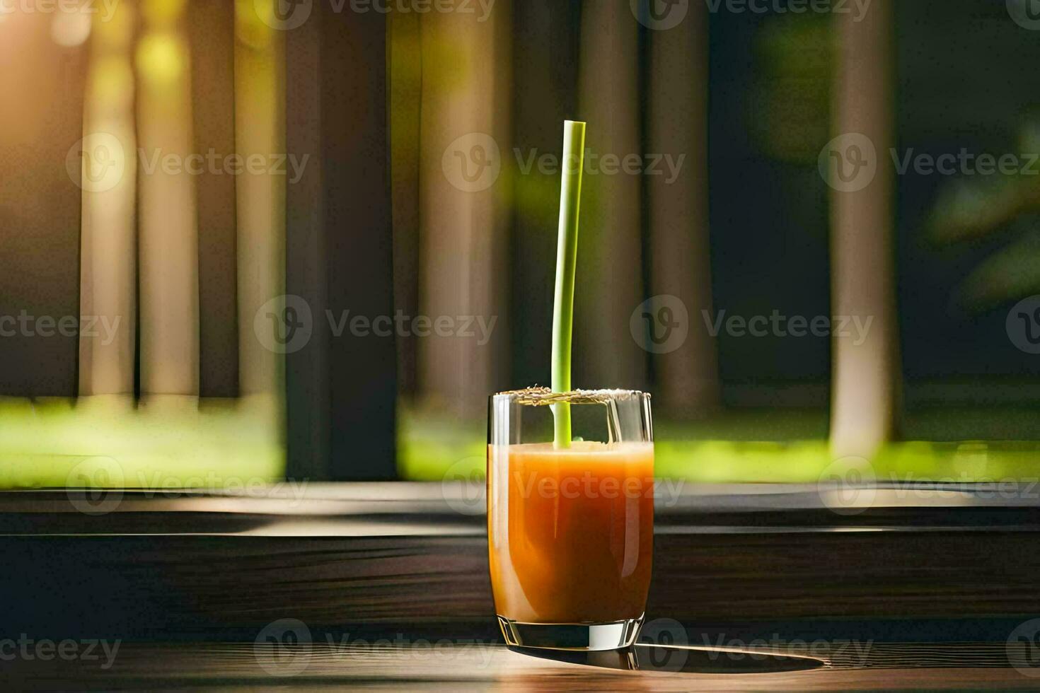 a glass of orange juice with a straw sitting on a table. AI-Generated photo