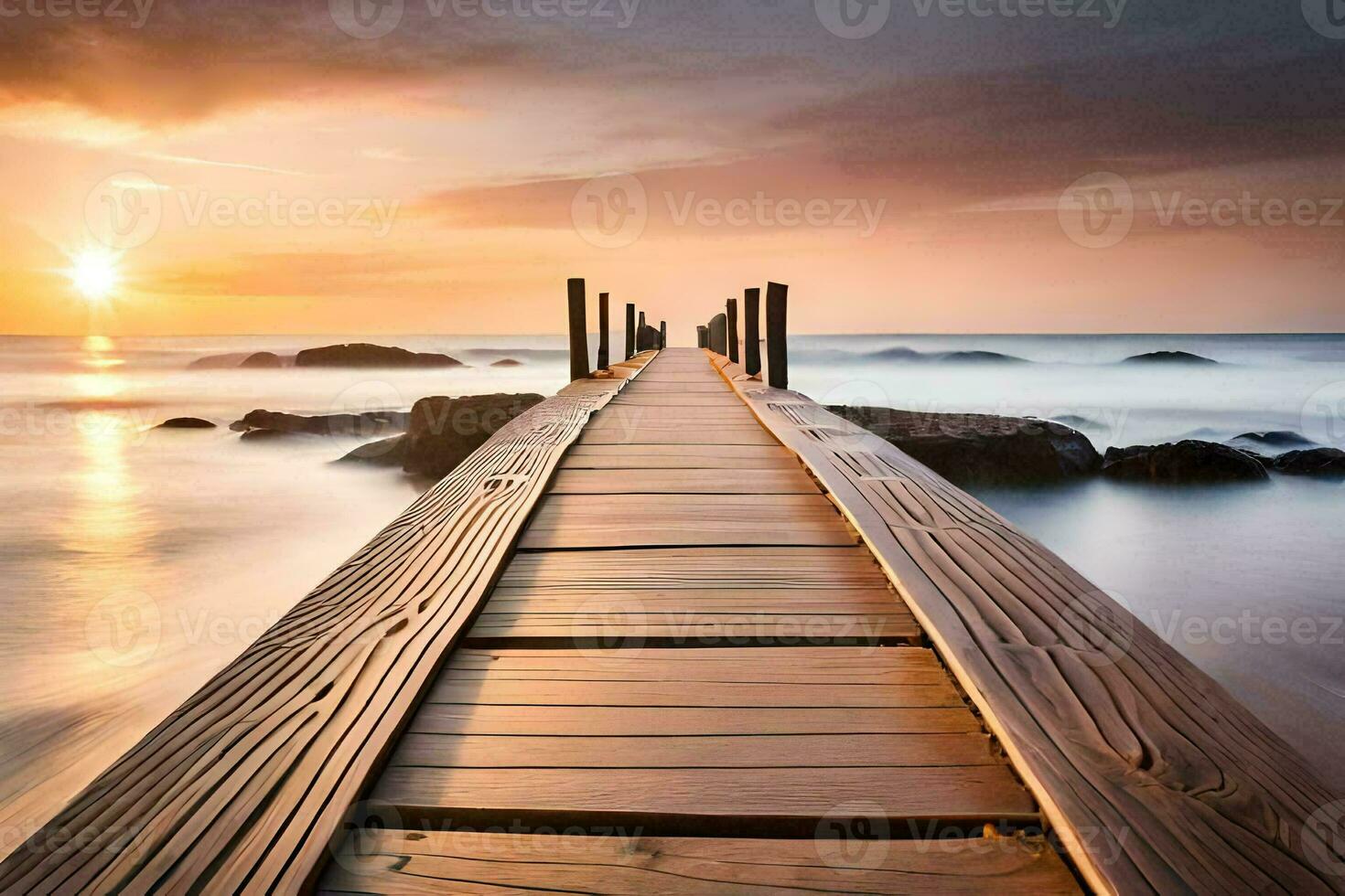 a wooden bridge leads to the ocean at sunset. AI-Generated photo