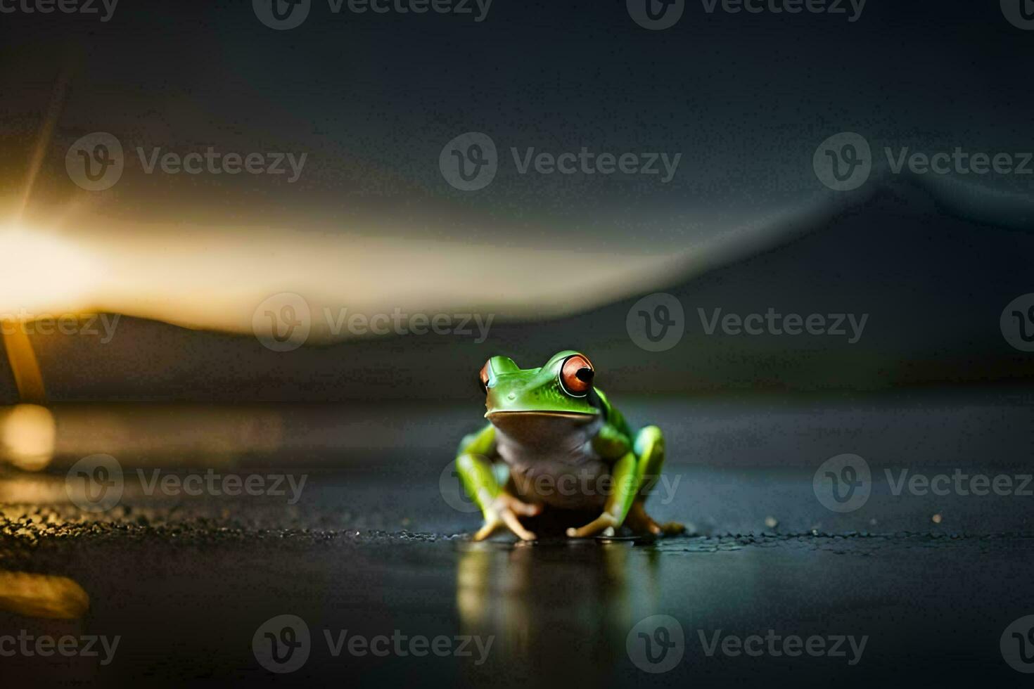 a frog sitting on the ground in front of a sunset. AI-Generated photo