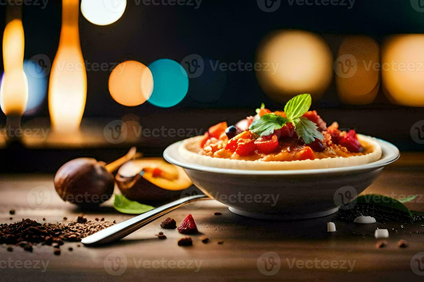 a bowl of food with tomatoes and spices on a table. AI-Generated photo