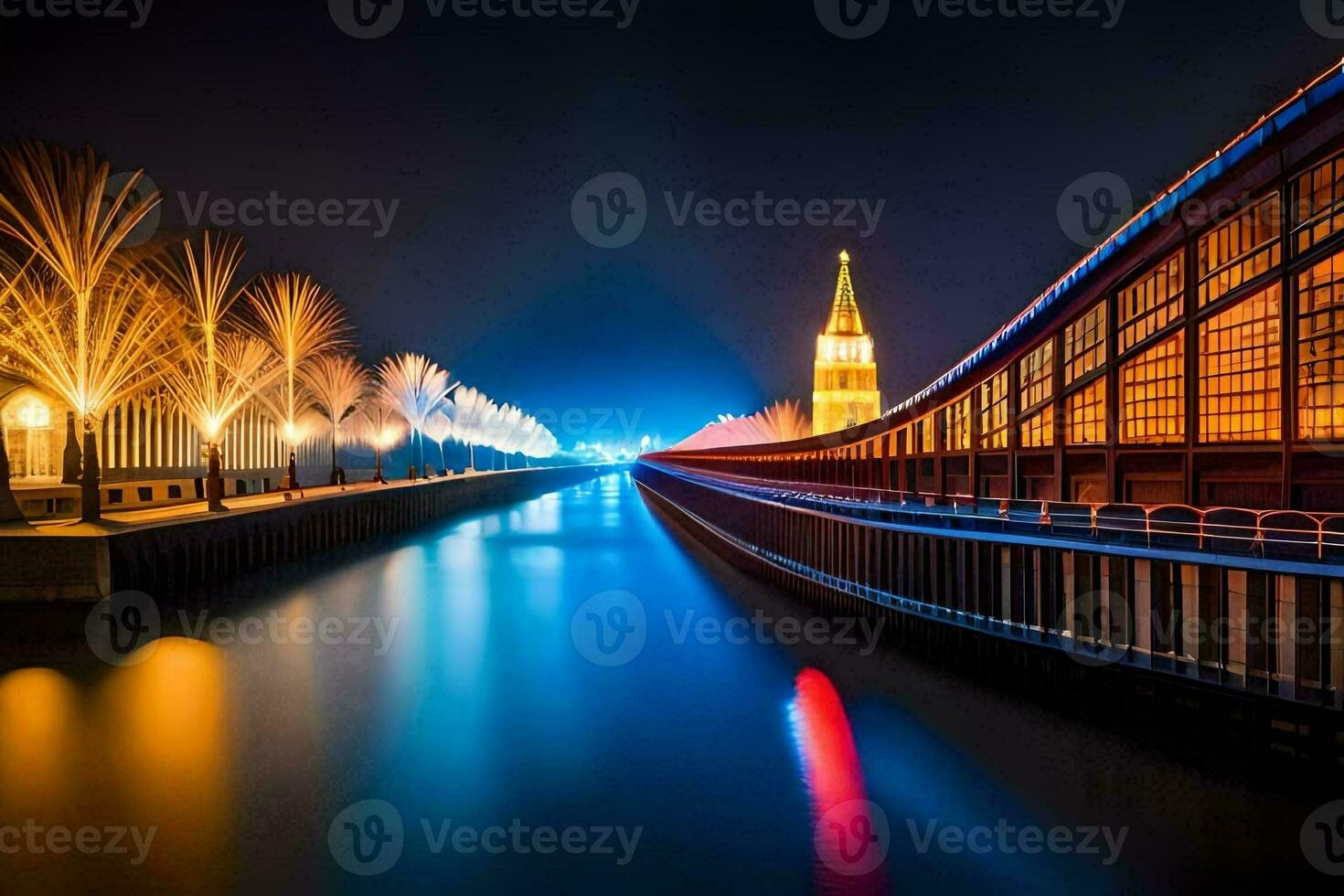 a long exposure photo of a bridge and a church at night. AI-Generated