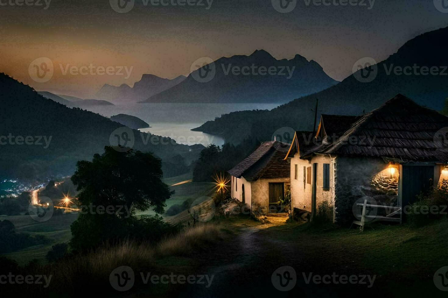 a house sits on the side of a hill overlooking a lake. AI-Generated photo