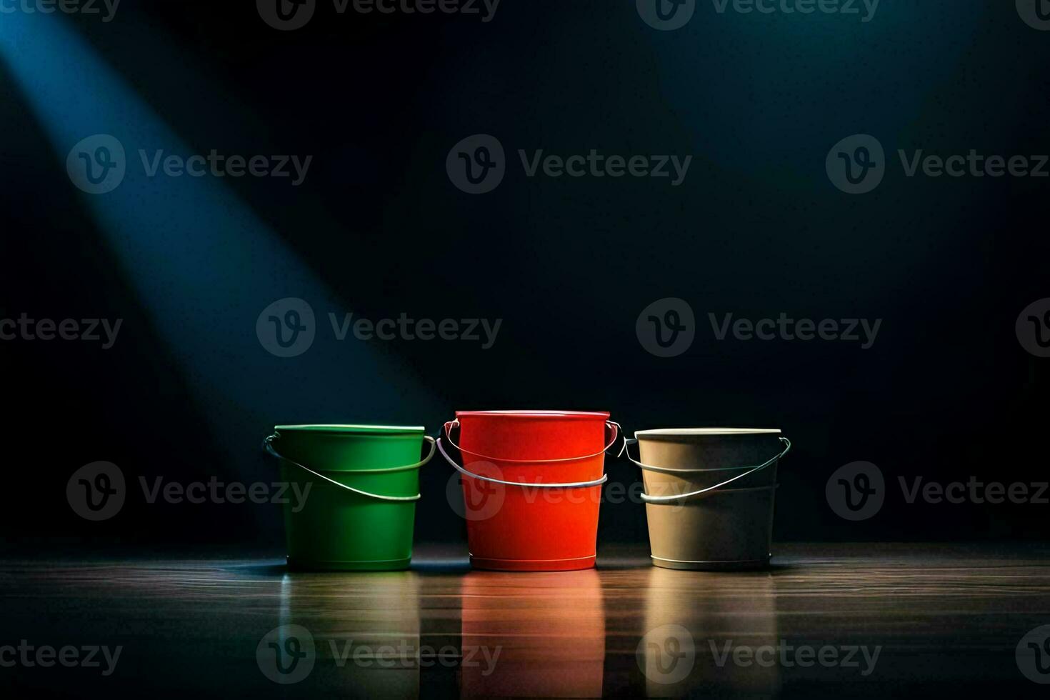 three buckets on a dark floor with a spotlight. AI-Generated photo