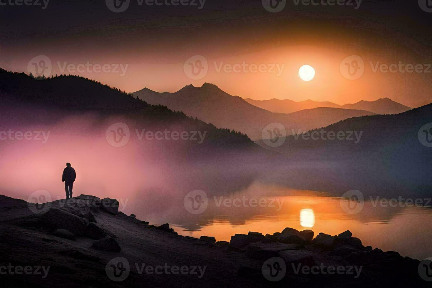 a man stands on the edge of a lake at sunset. AI-Generated photo
