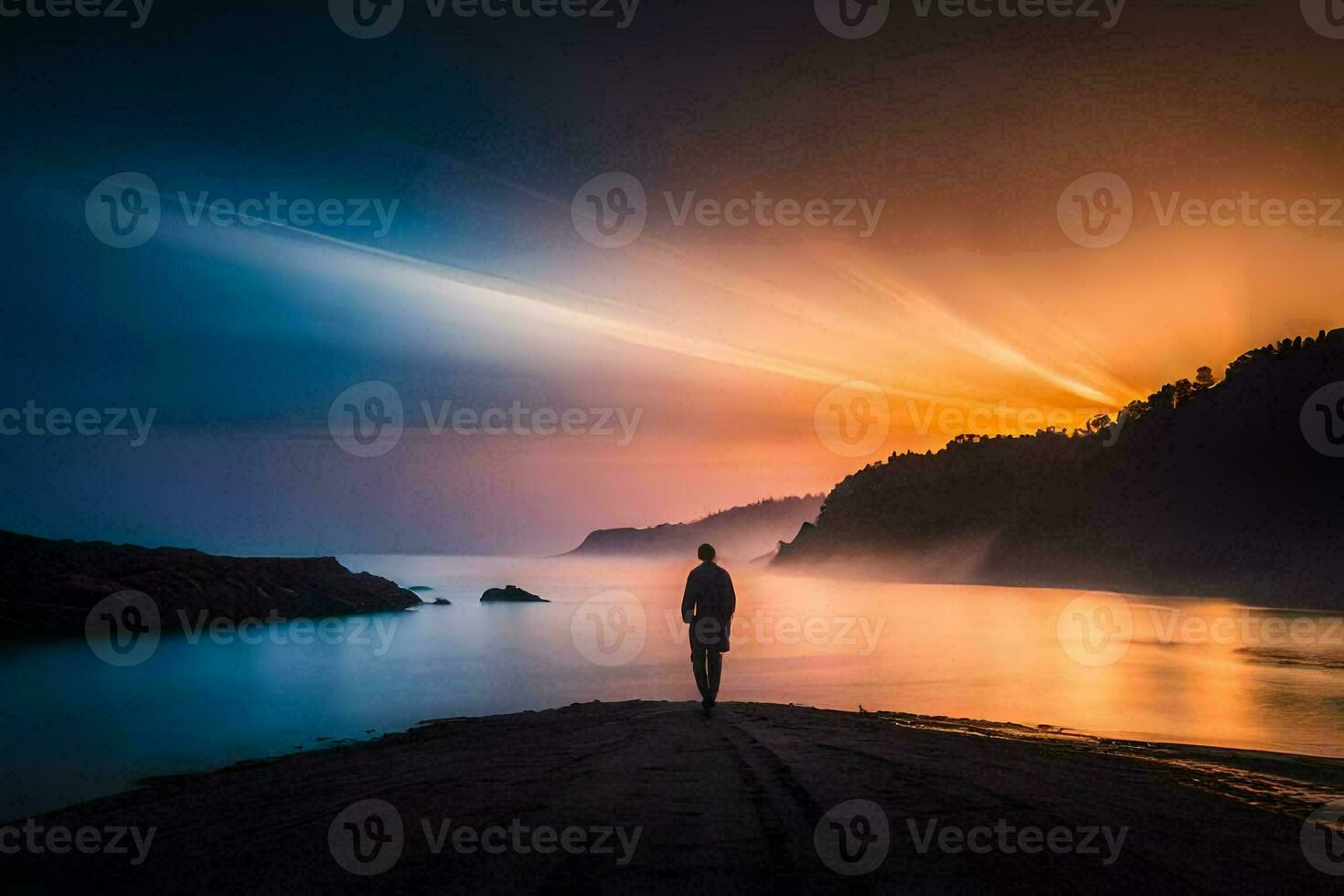 a man standing on the beach at sunset. AI-Generated photo