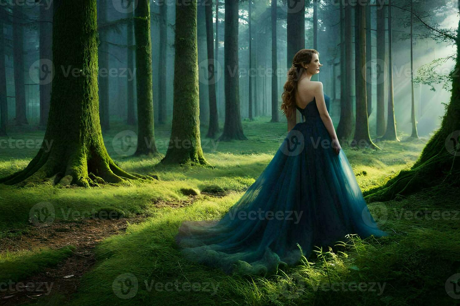 a woman in a blue dress stands in the middle of a forest. AI-Generated photo