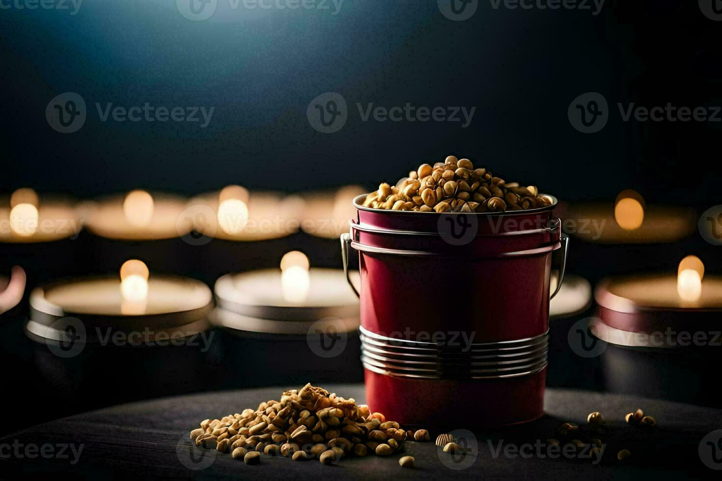 a bucket of soybeans and candles on a table. AI-Generated photo