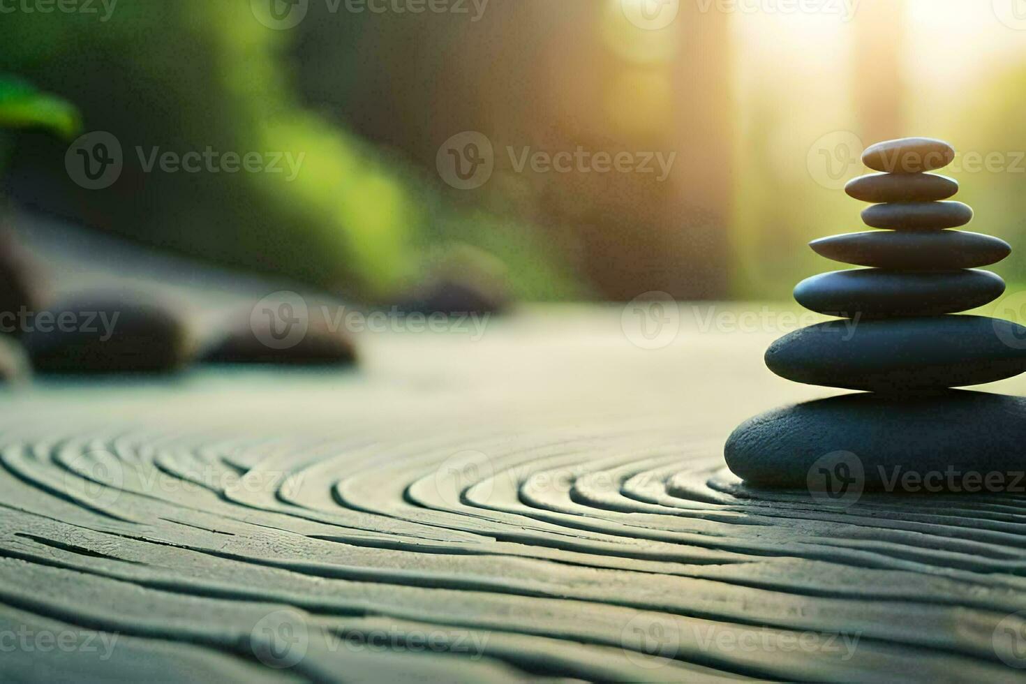 a stack of stones on a wooden surface. AI-Generated photo