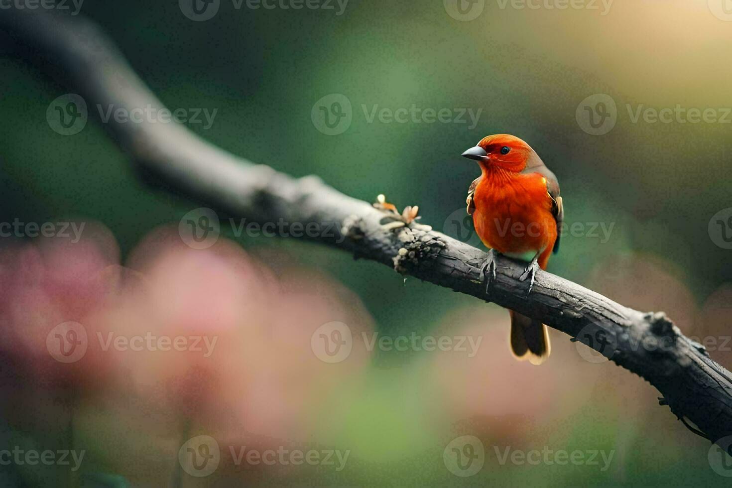 a red bird sits on a branch in the forest. AI-Generated photo