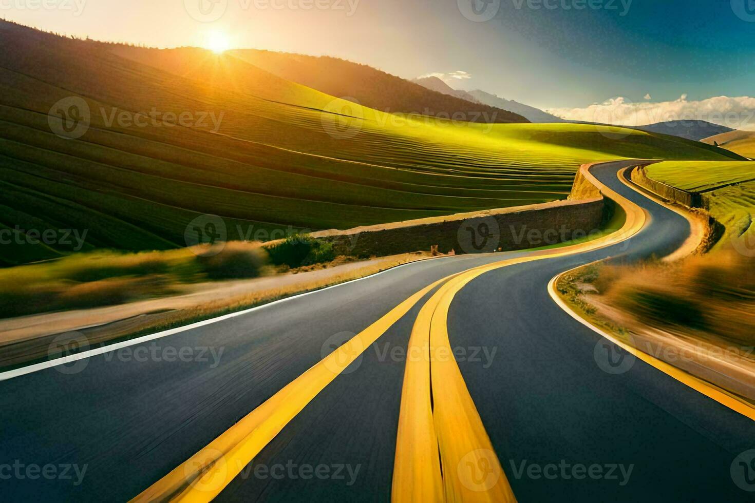 a road in the mountains with the sun setting. AI-Generated photo