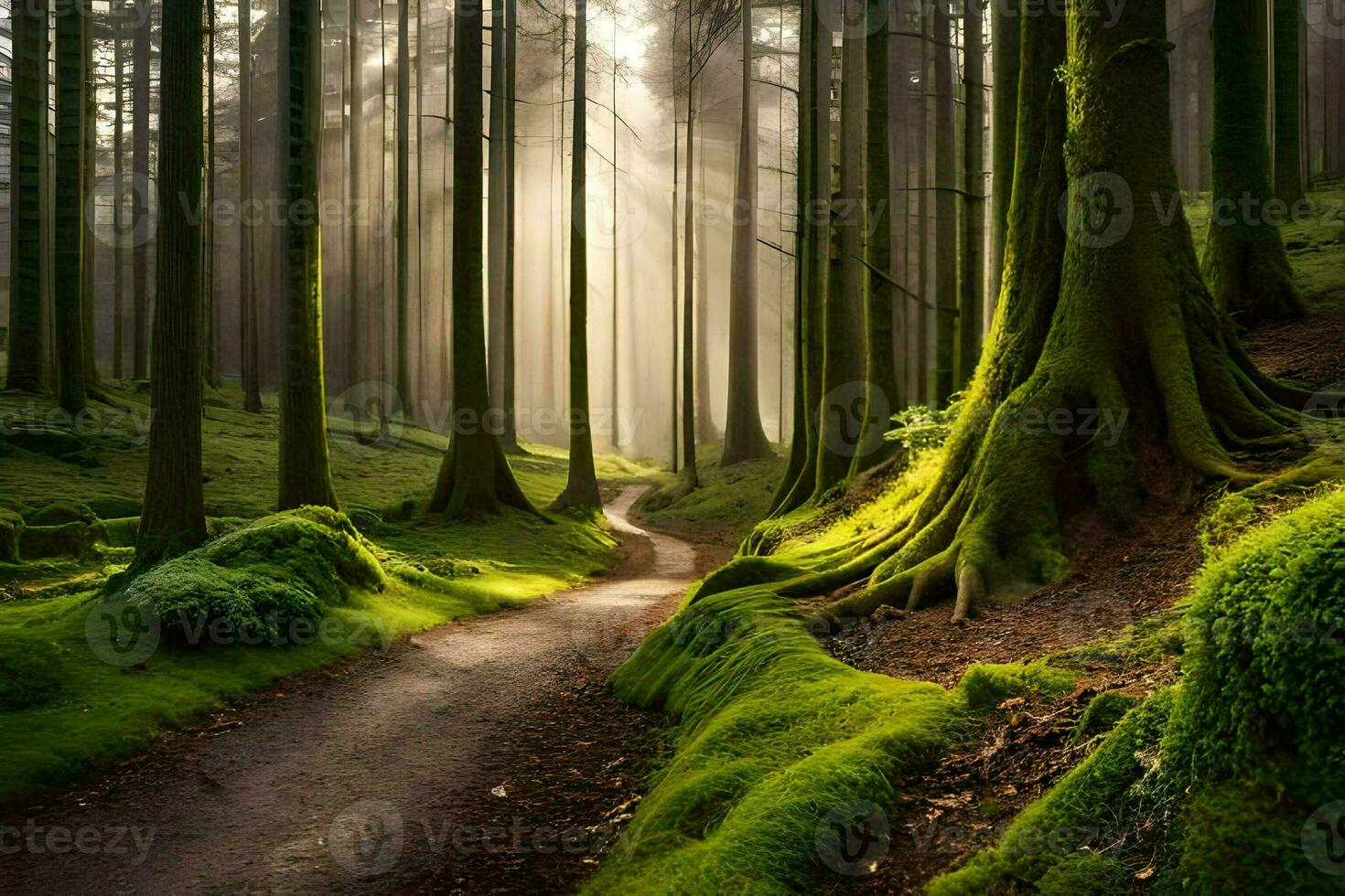 un camino mediante un bosque con cubierto de musgo arboles generado por ai foto