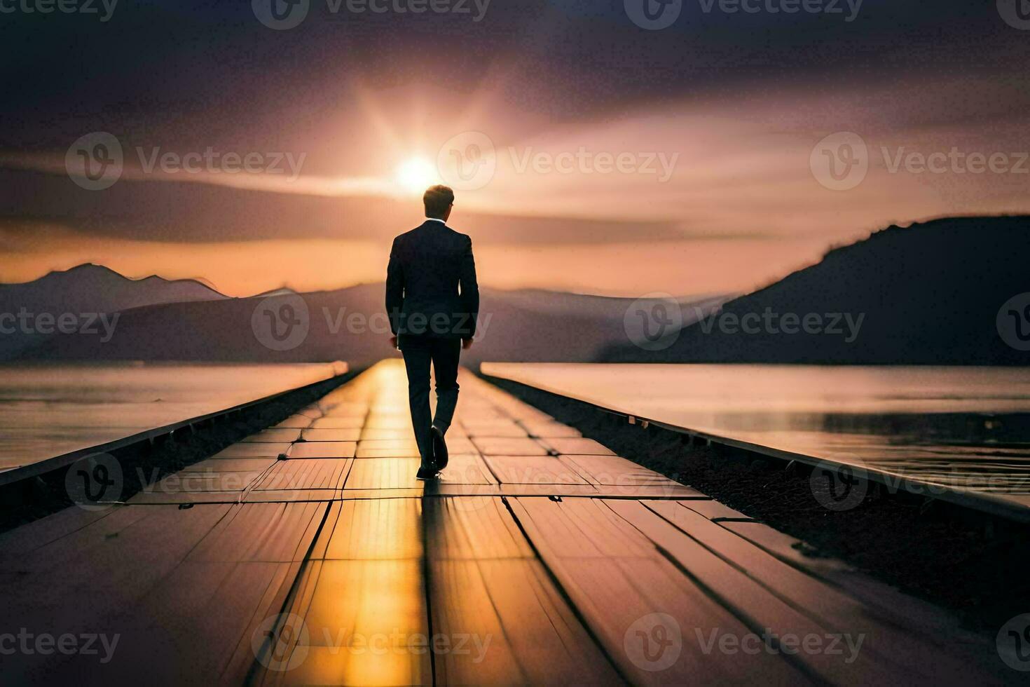a man in a suit walks along a pier at sunset. AI-Generated photo