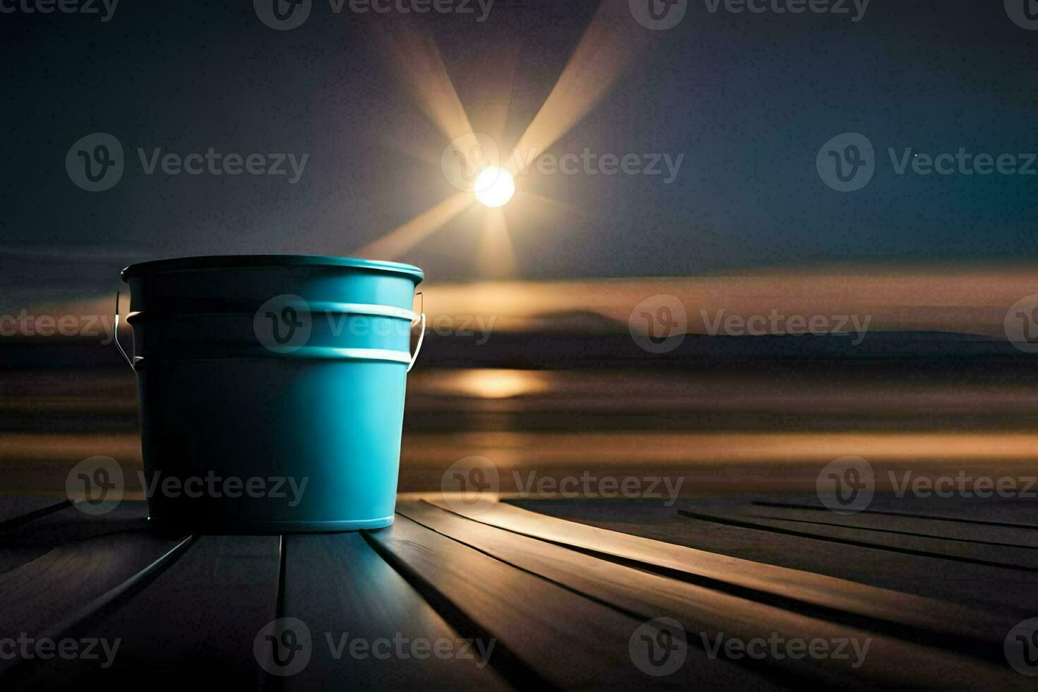 a bucket sitting on a wooden deck at night. AI-Generated photo