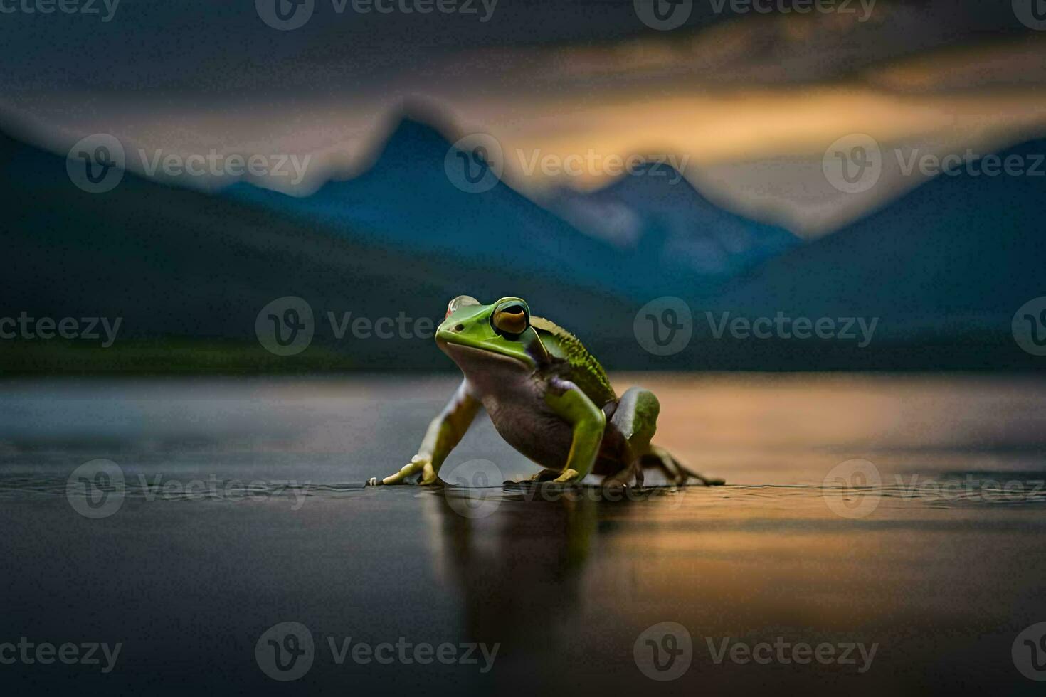 a frog sitting on the edge of a lake at sunset. AI-Generated photo