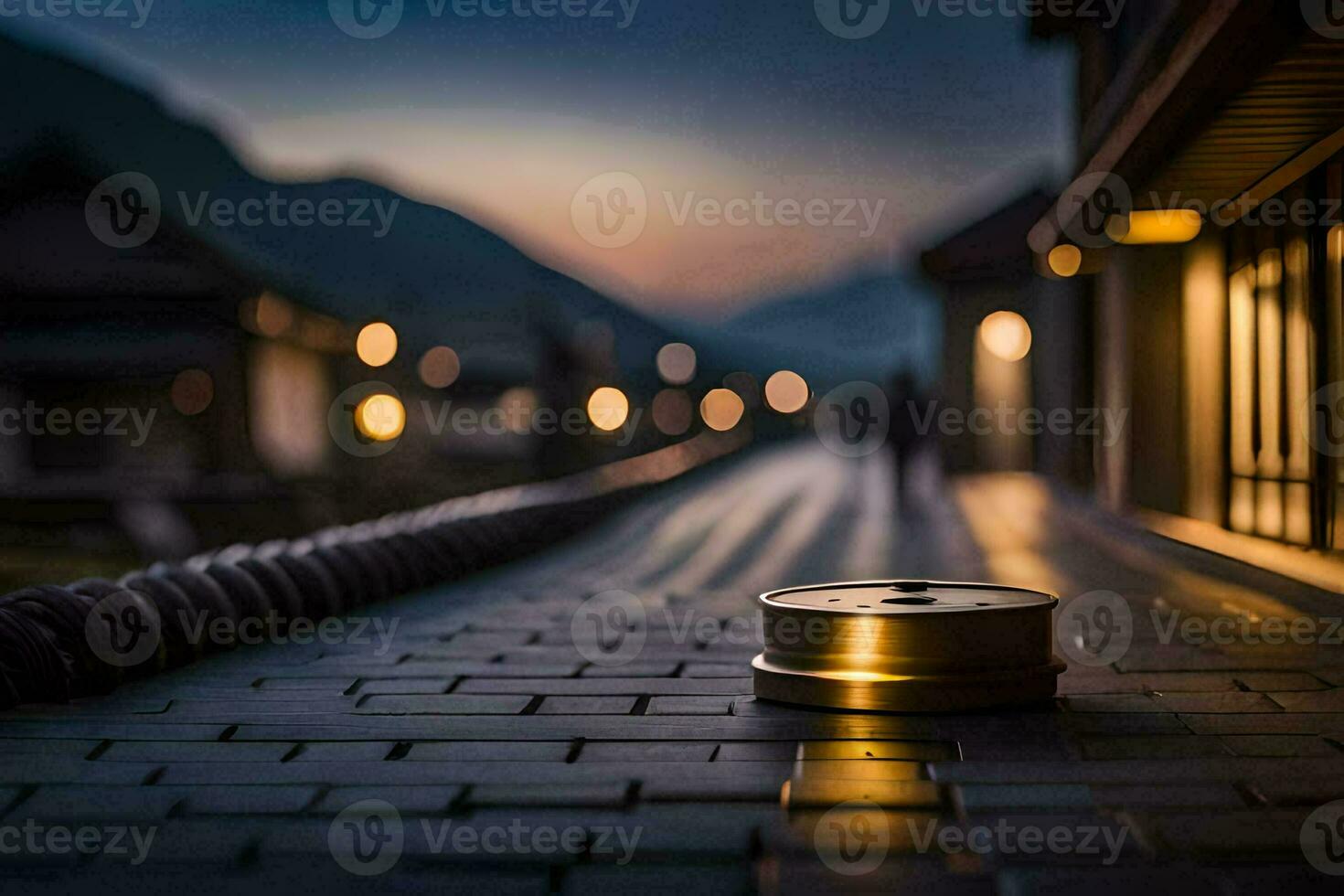 a small metal object sitting on a brick walkway. AI-Generated photo