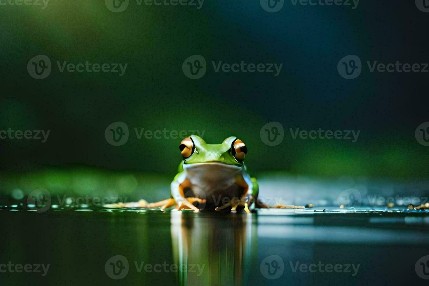 a frog sitting on the ground in the water. AI-Generated photo