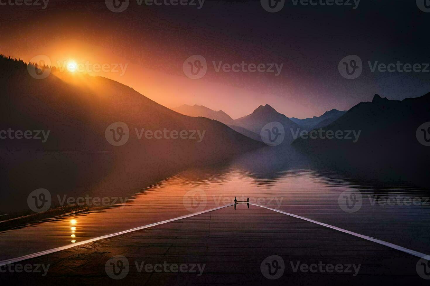 un hombre soportes en un muelle a puesta de sol en frente de un montaña rango. generado por ai foto