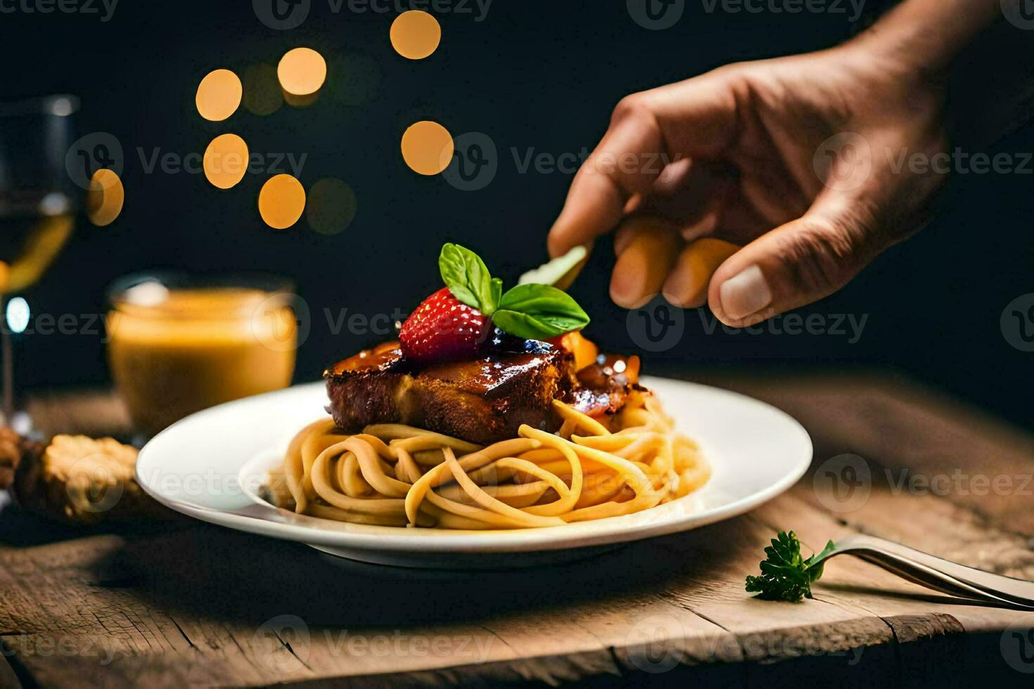 a hand is holding a plate of spaghetti with meat and strawberries. AI-Generated photo