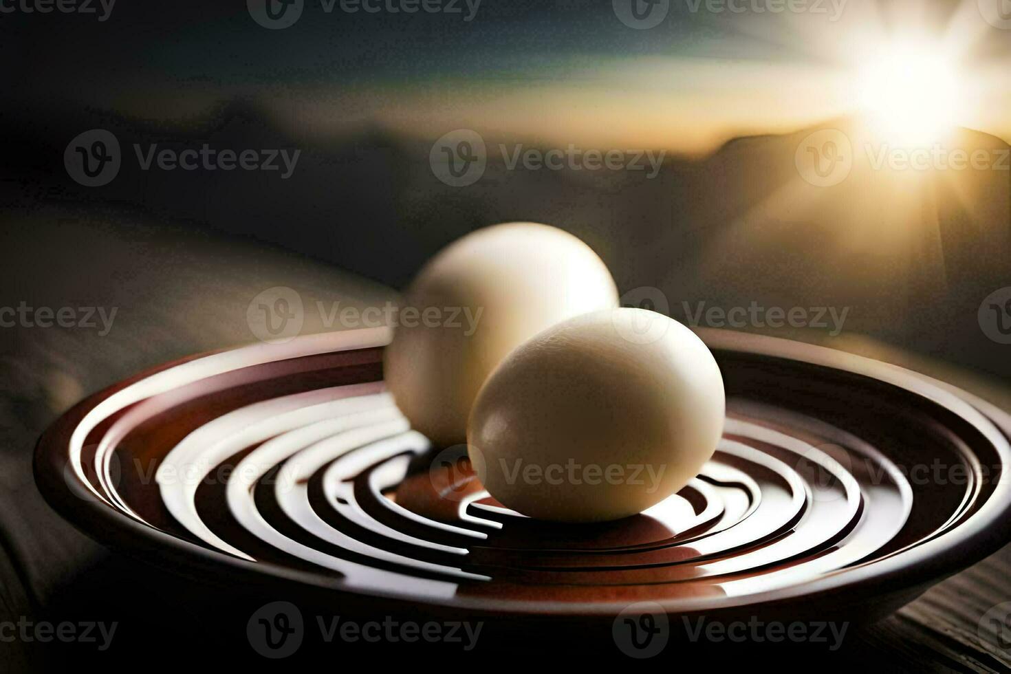 two eggs on a plate with the sun in the background. AI-Generated photo