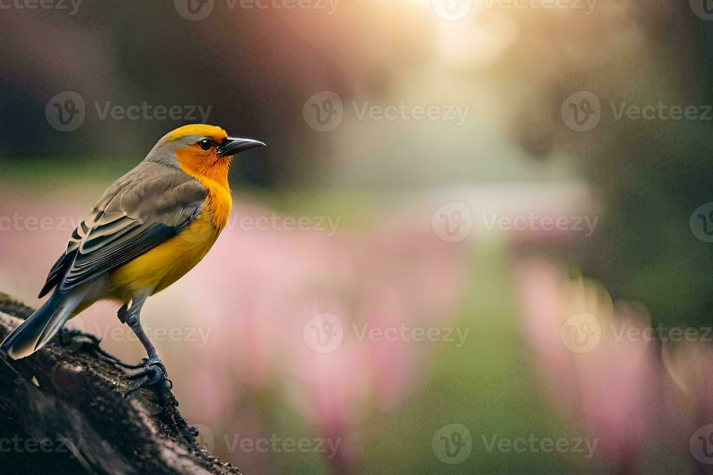 a yellow and orange bird sitting on a branch. AI-Generated photo