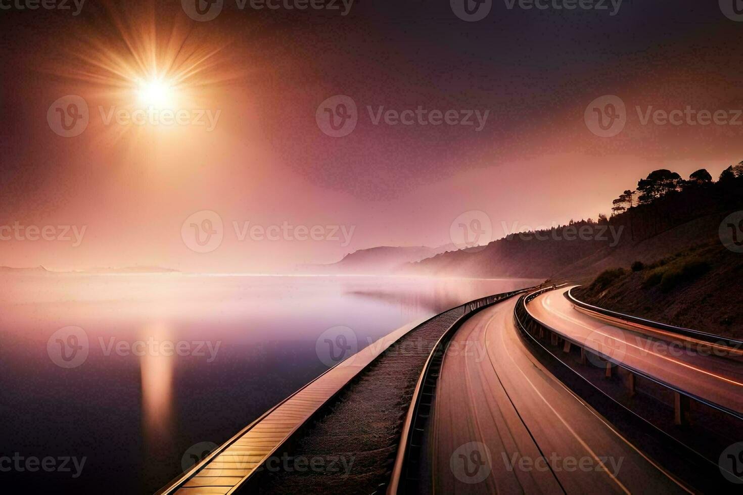 a long exposure photograph of a road and water. AI-Generated photo