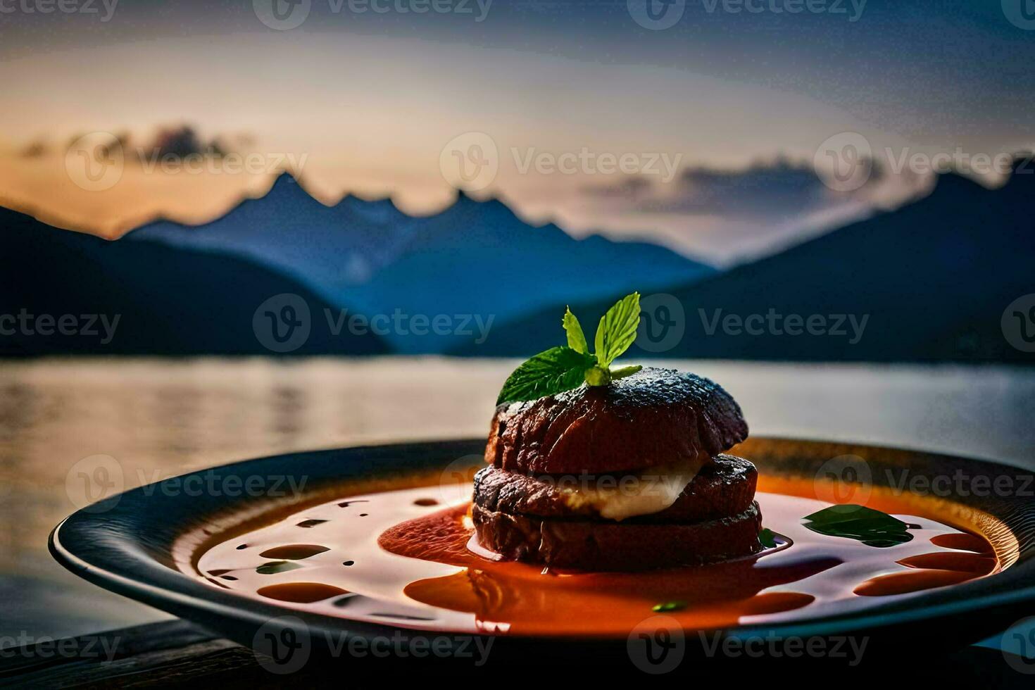 a plate of food sitting on a table with mountains in the background. AI-Generated photo