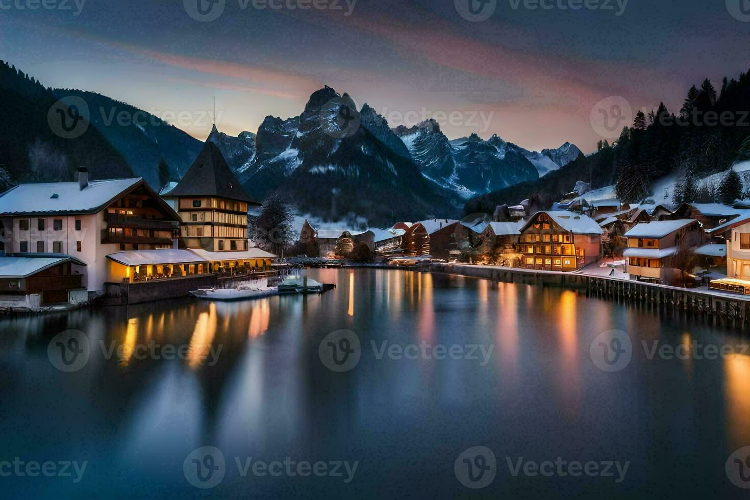 un pueblo en el montañas a oscuridad con nieve en el suelo. generado por ai foto