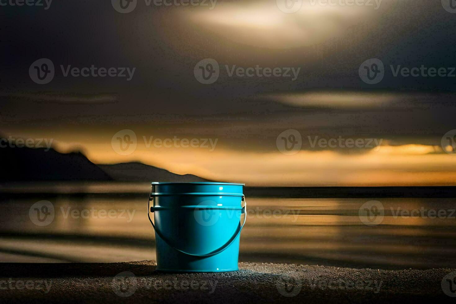 un azul Cubeta se sienta en el playa a puesta de sol. generado por ai foto