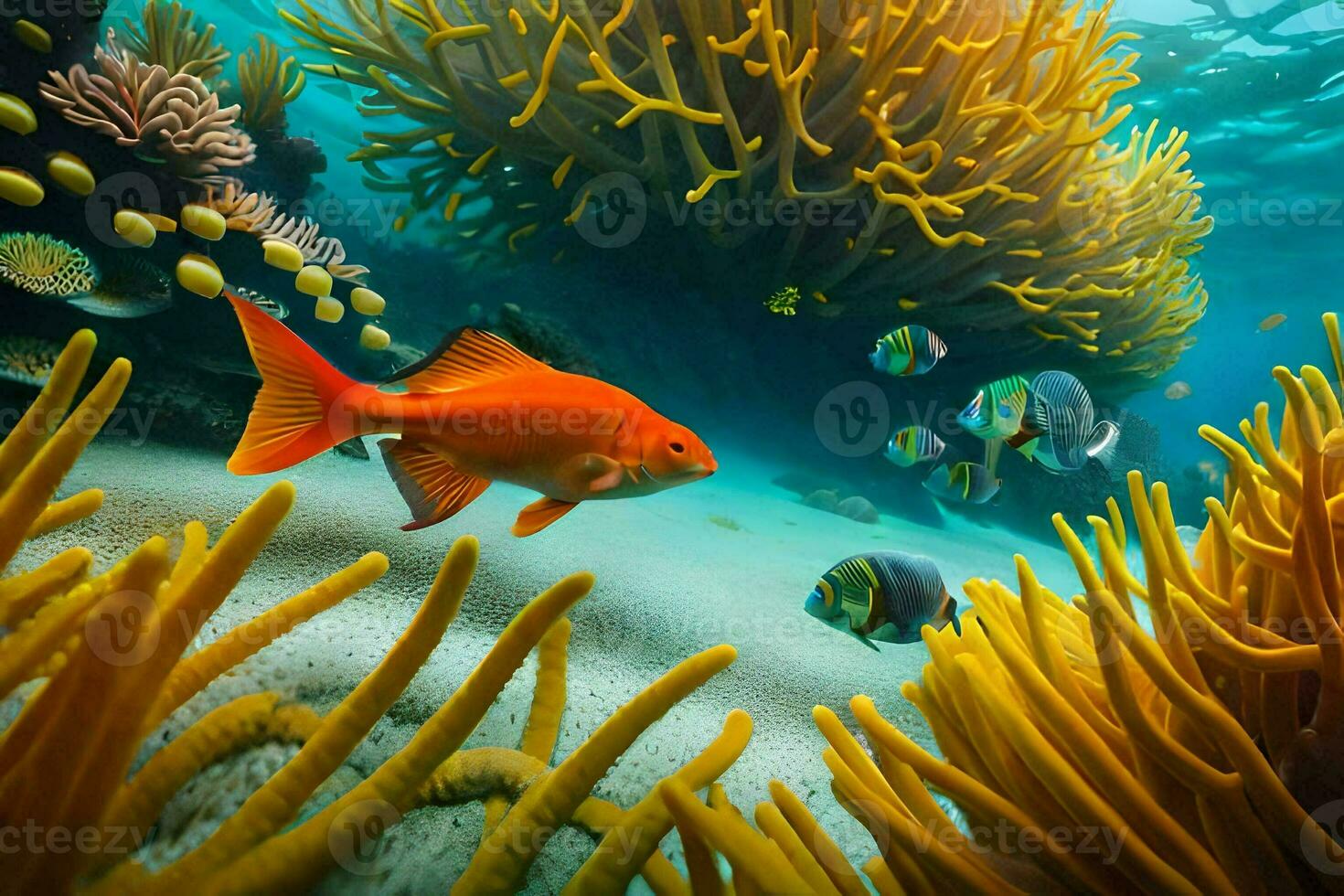 an orange fish swims in front of an anemone. AI-Generated photo