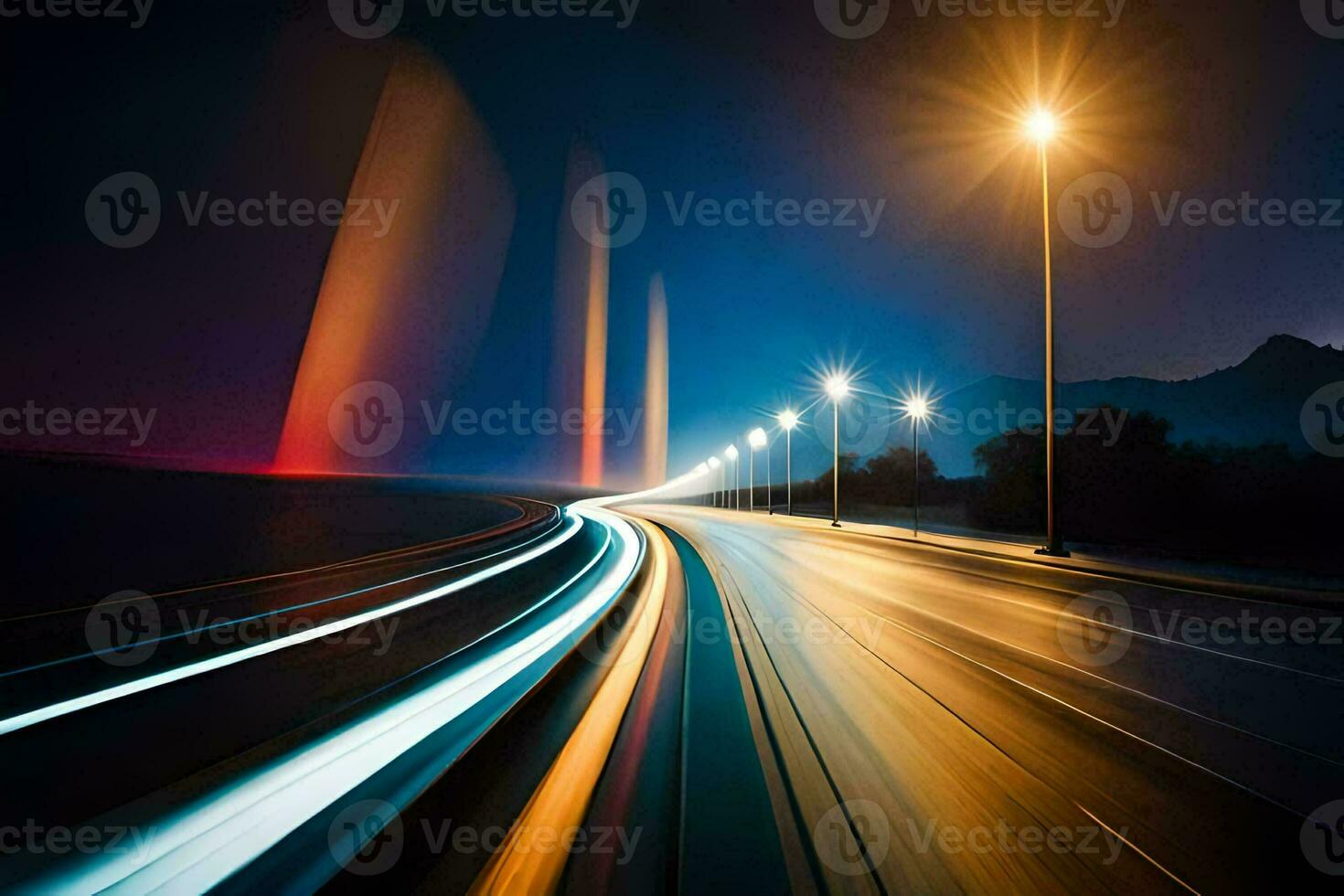 a long exposure photograph of a highway at night. AI-Generated photo