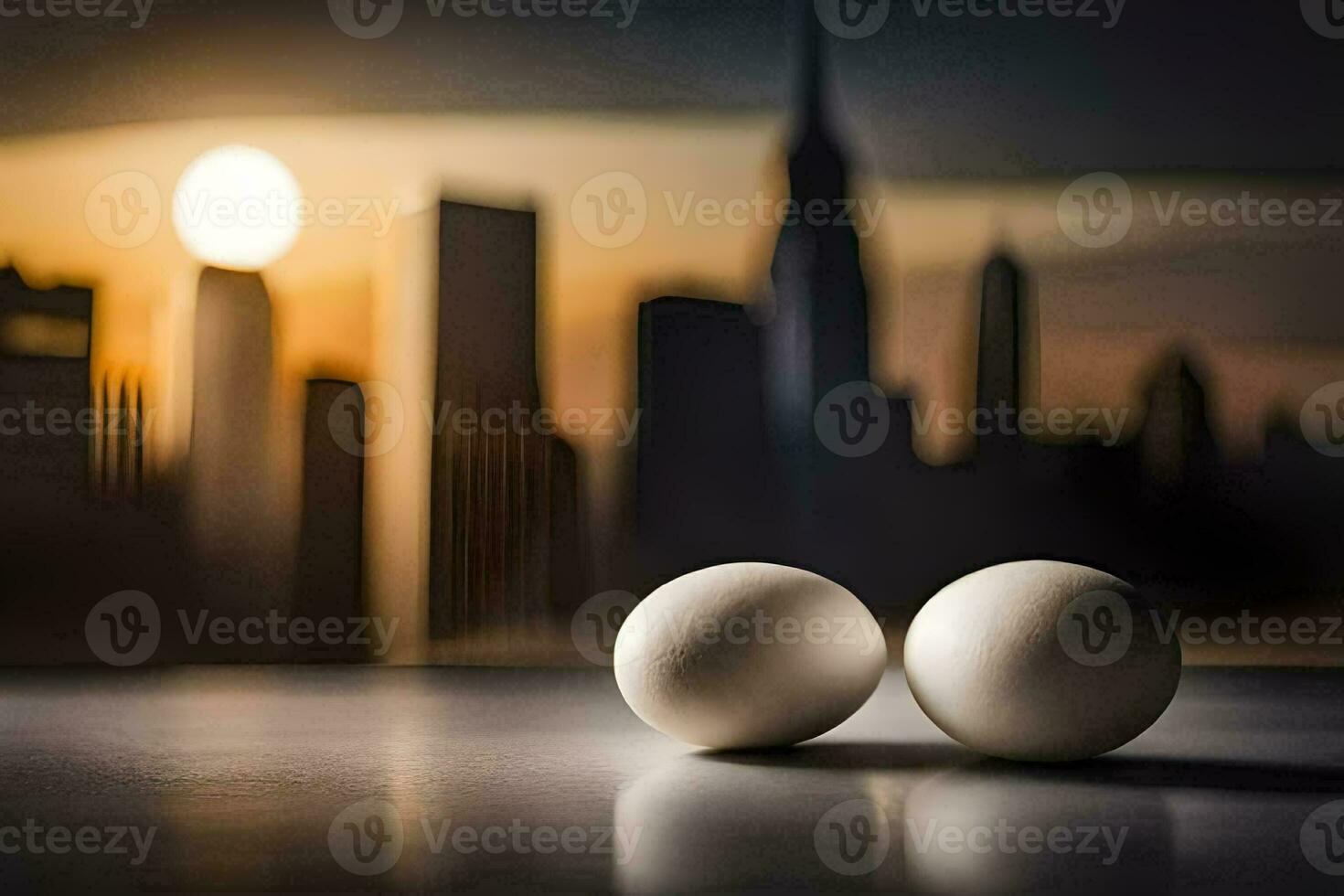 two eggs on a table in front of a city skyline. AI-Generated photo