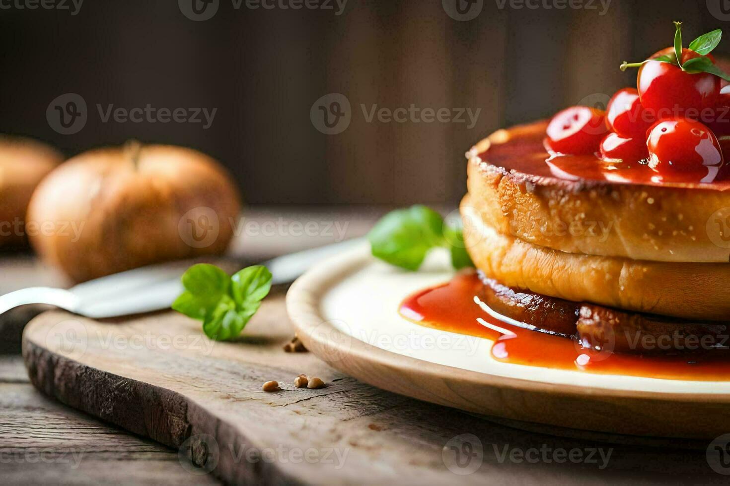 a stack of pancakes with cherries on top. AI-Generated photo