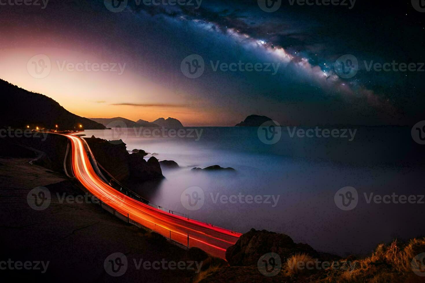 a long exposure photo of a road and the milky way. AI-Generated