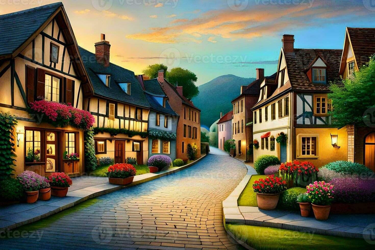 an artistic painting of a street in europe. AI-Generated photo