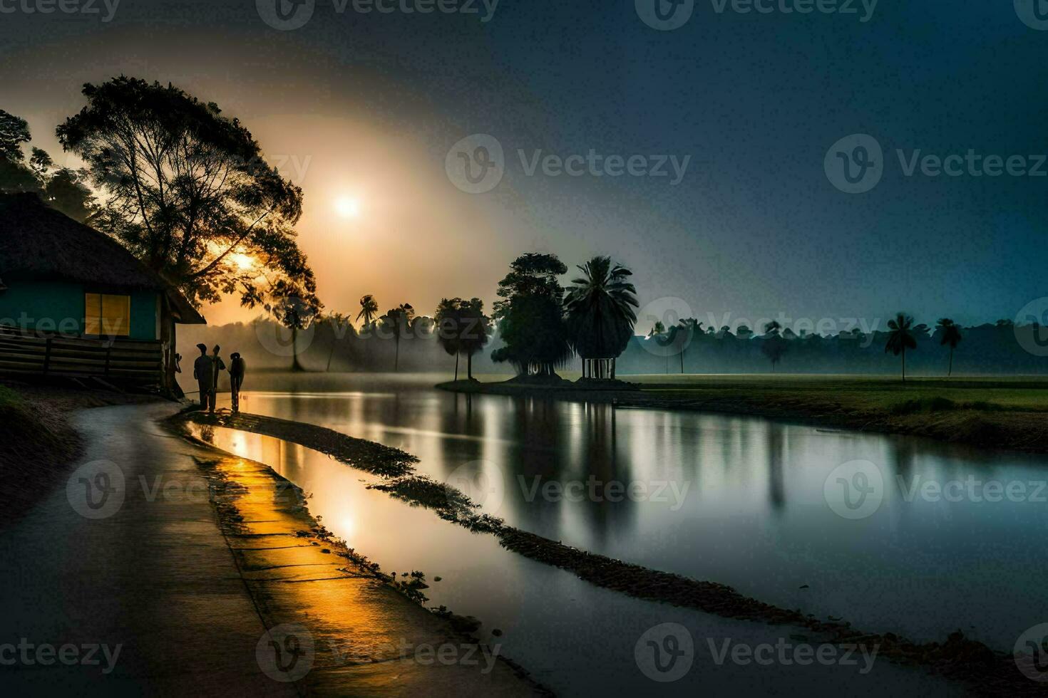 the sun rises over a river and a hut in the morning. AI-Generated photo