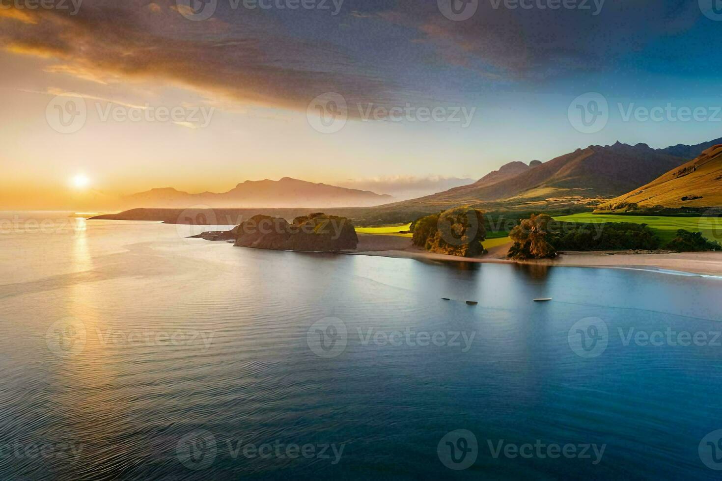 the sun sets over the ocean and mountains in the background. AI-Generated photo