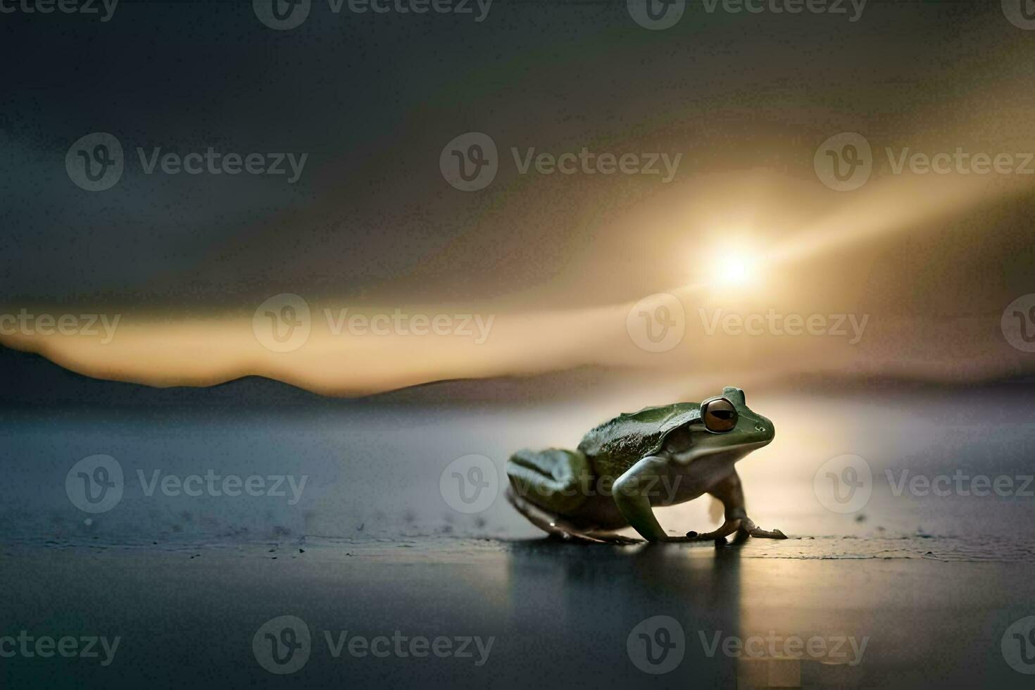a frog sitting on the ground in front of the sun. AI-Generated photo