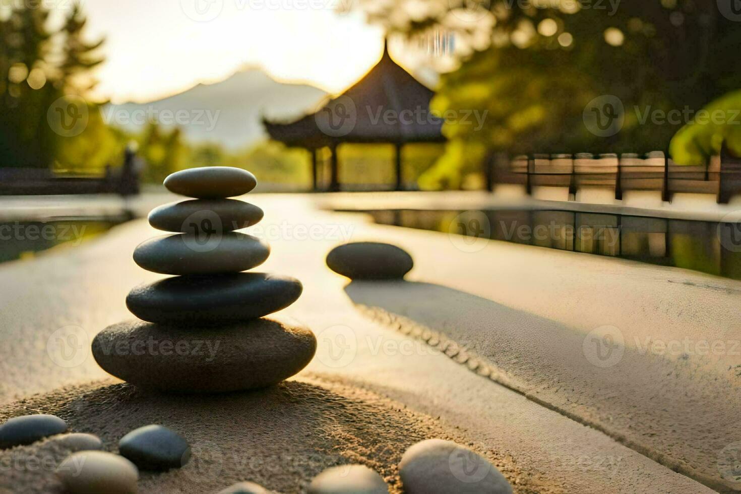 a stack of stones sitting on the sand near a pond. AI-Generated photo