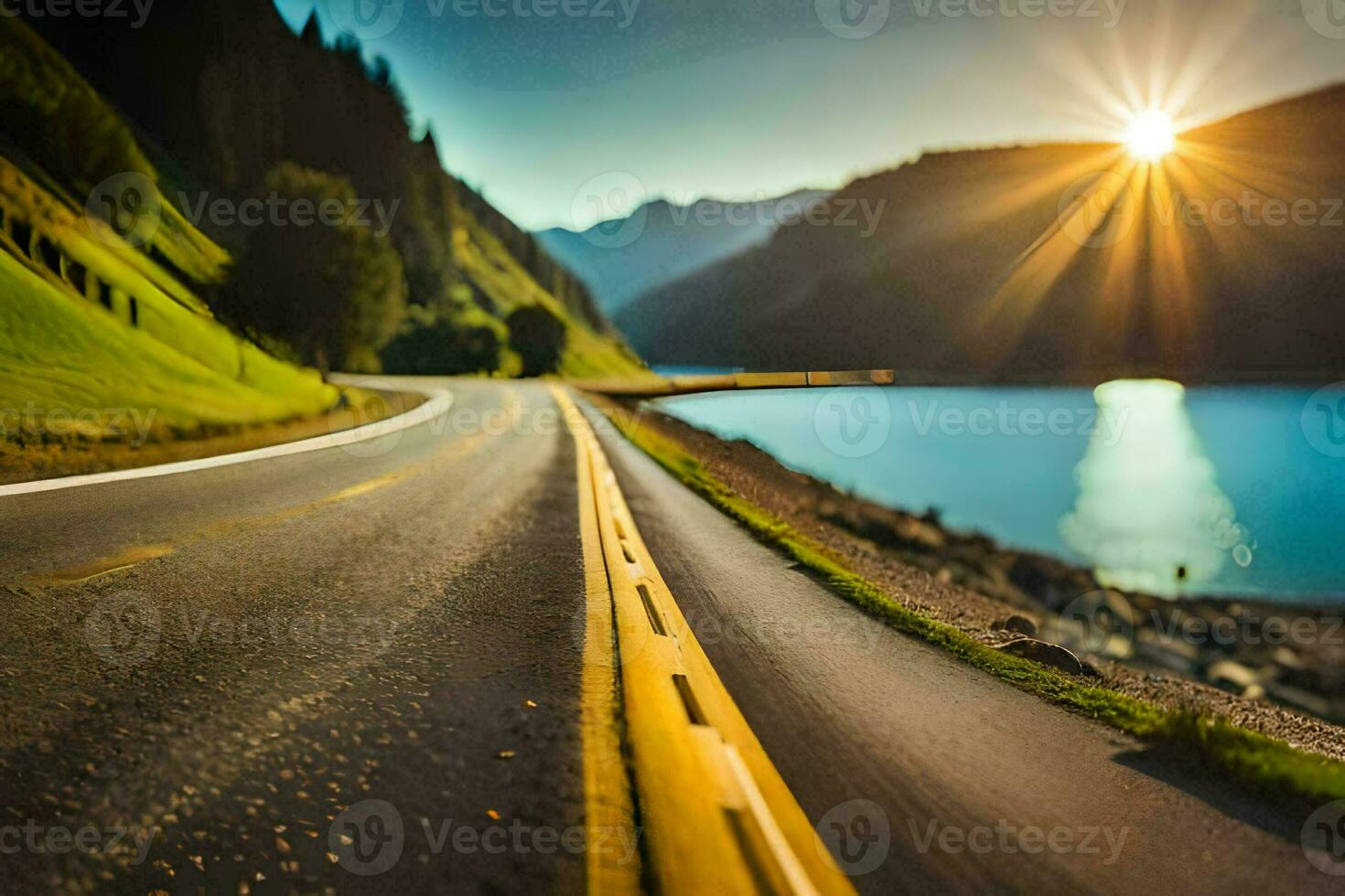 a road with the sun shining on it. AI-Generated photo