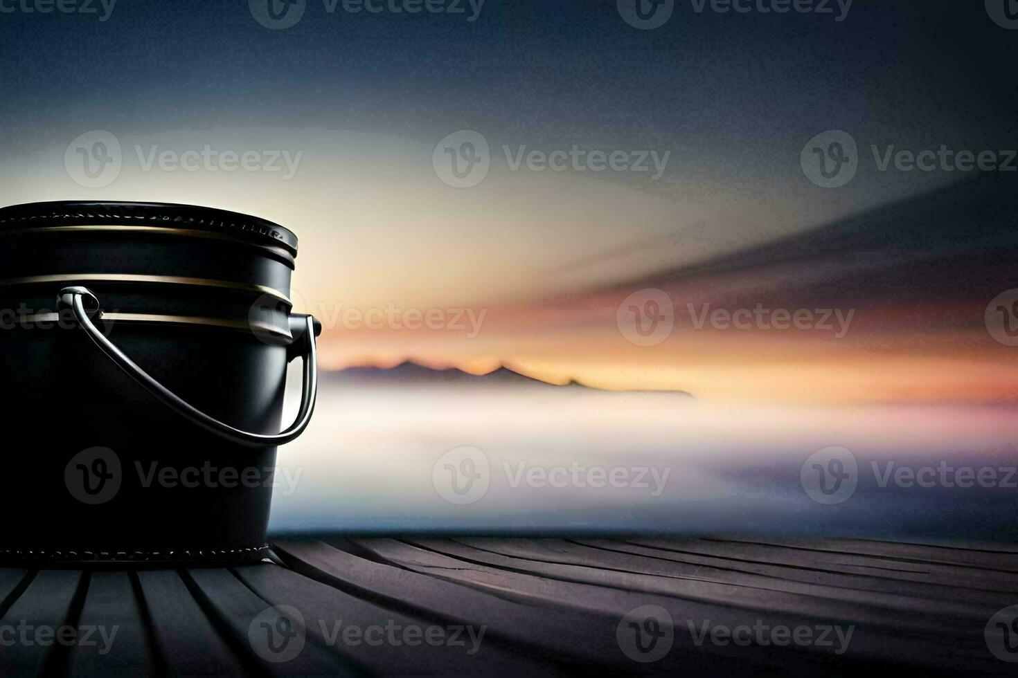 a bucket on a wooden deck with a sunset in the background. AI-Generated photo