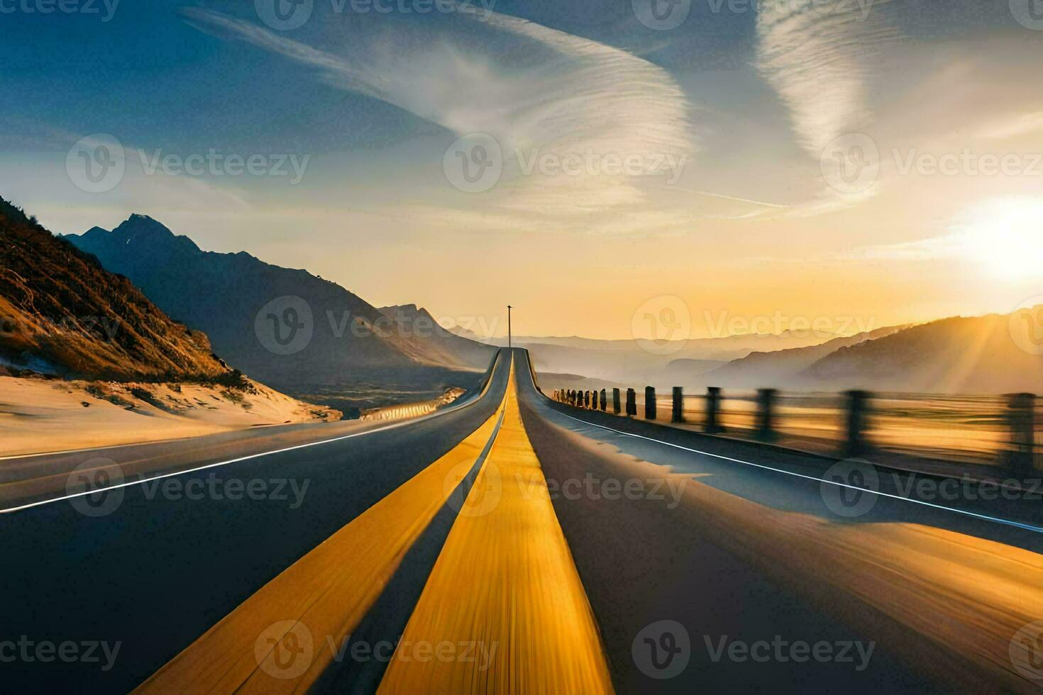 a highway with a sun setting over mountains. AI-Generated photo