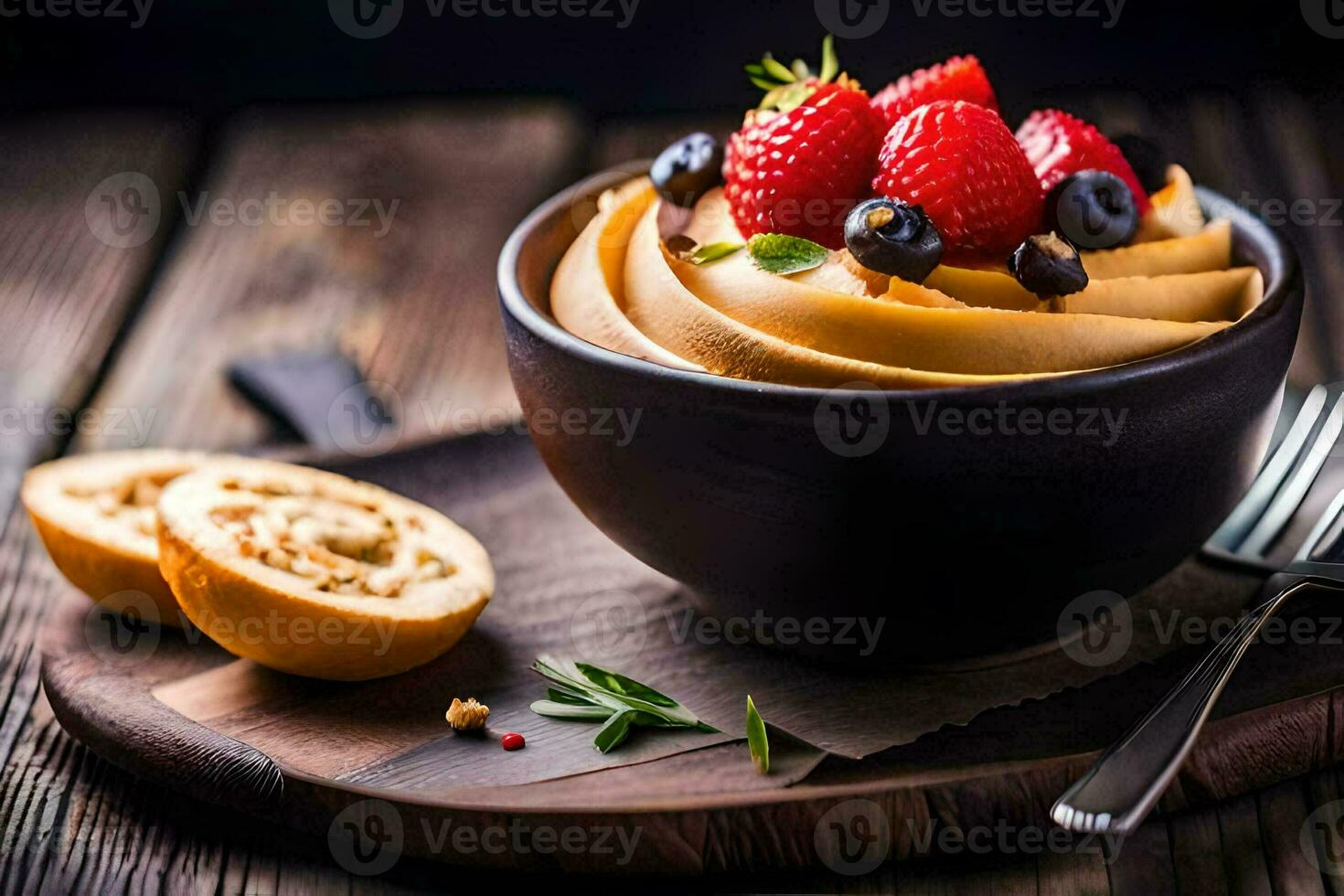 a bowl of yogurt with berries and a spoon on a wooden table. AI-Generated photo